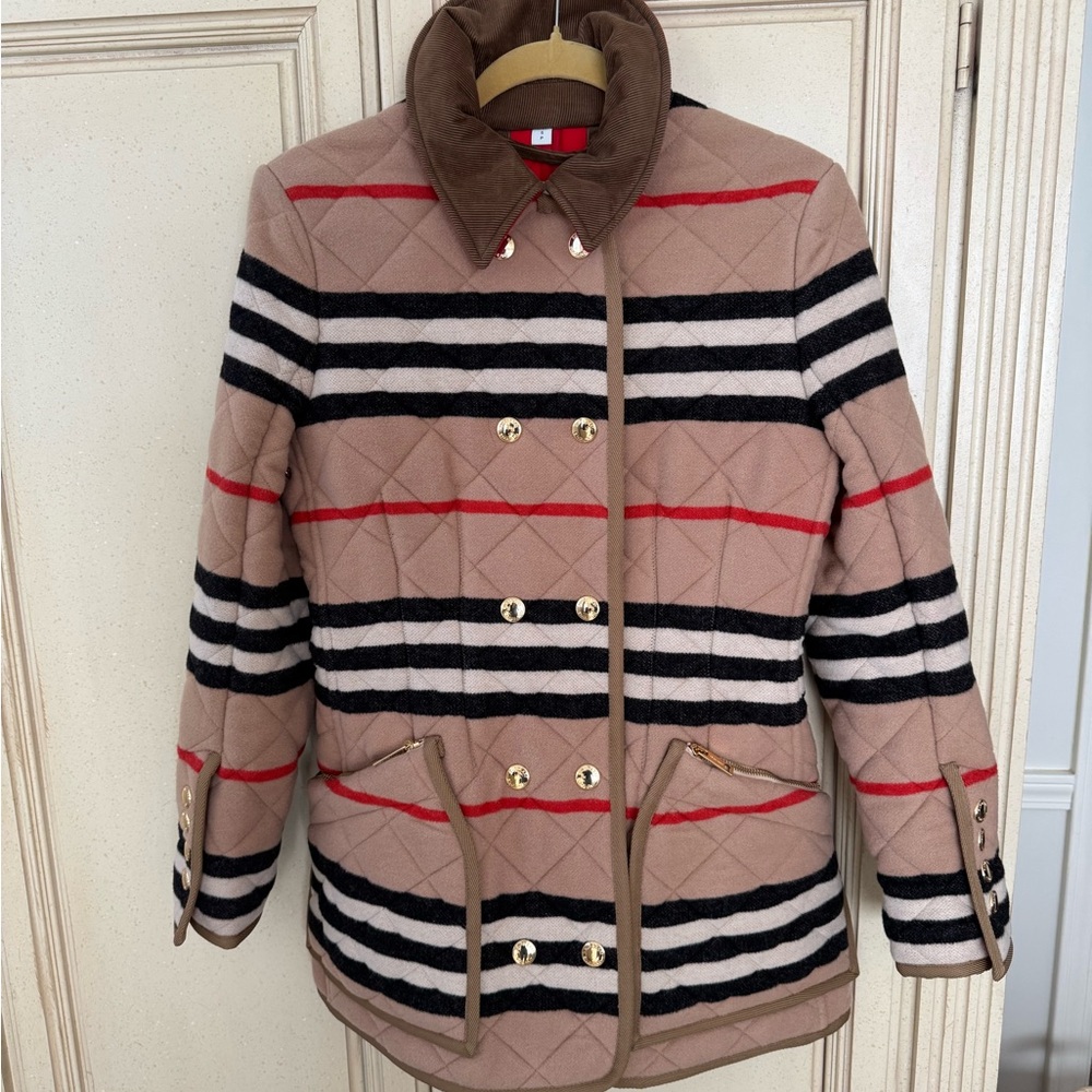 Burberry Tan and Black Striped Quilted Jacket